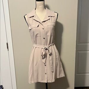 Sleeveless Taupe Button Down Dress with Waist Tie